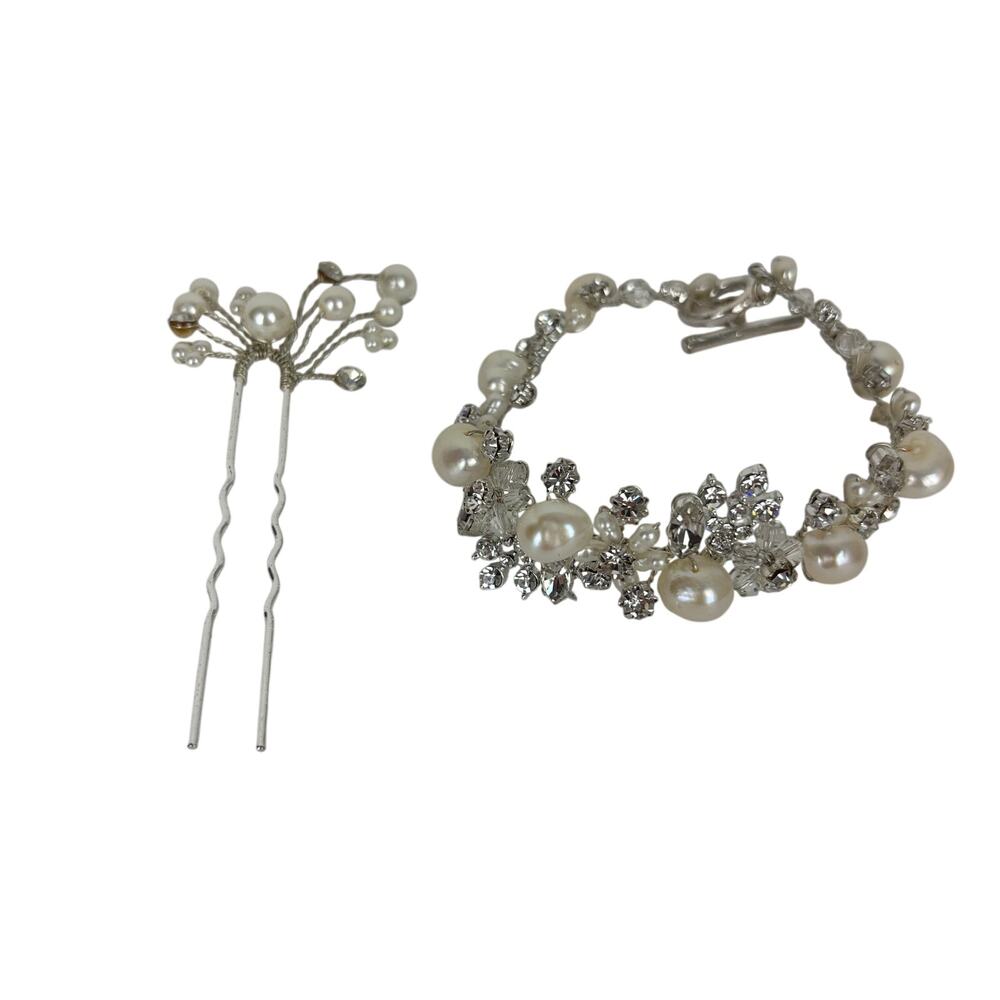Faux Pearl Rhinestone Set - bracelet and hairpin - bridal, wedding, event, prom